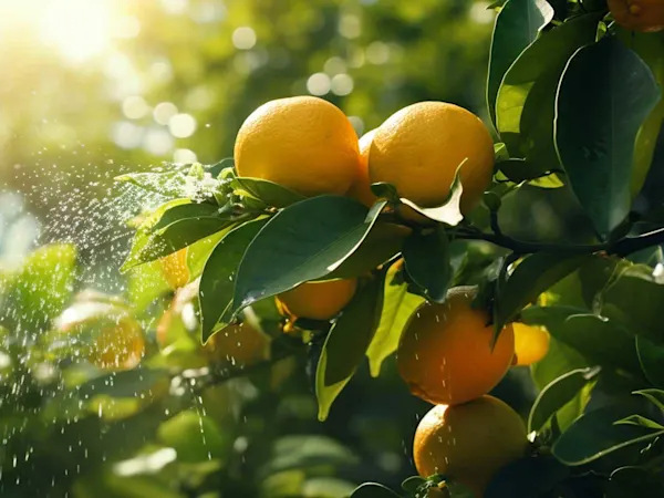 Lemons being sprayed with pesticide