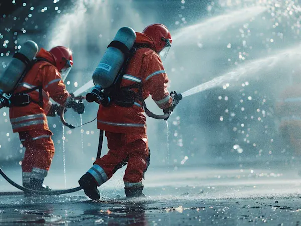 Firefighters spraying foam