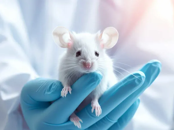 Lab worker holding a mouse in their hands
