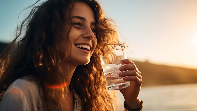 Happy woman drinking a glass of water