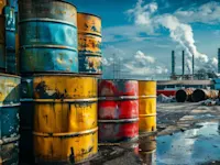 Chemicals pollution barrels outside a factory