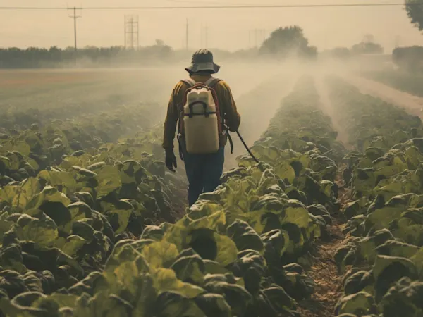 Farmer spraying crops in a field