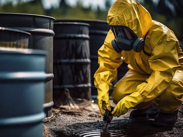 Chemical worker picking up hazardous waste