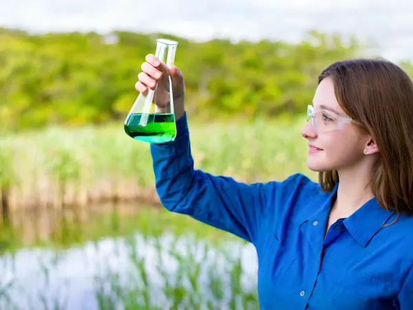 Person inspecting water beside a lake