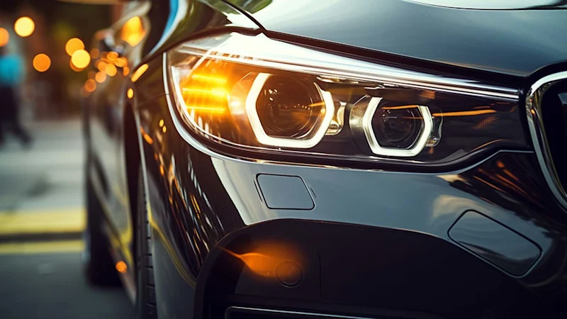 Plastic headlight on a modern car