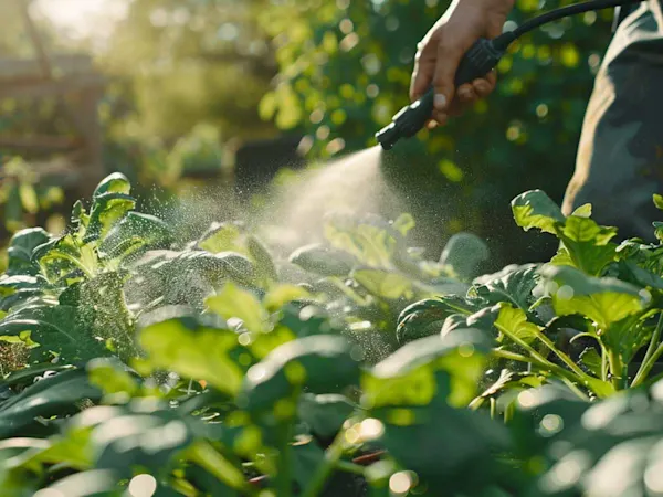 Farmer spraying pesticide on crop