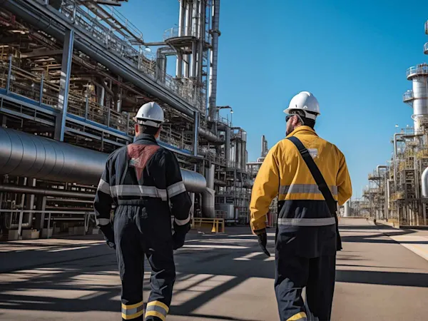 Men standing outside a chemical industrial plant on a bright day