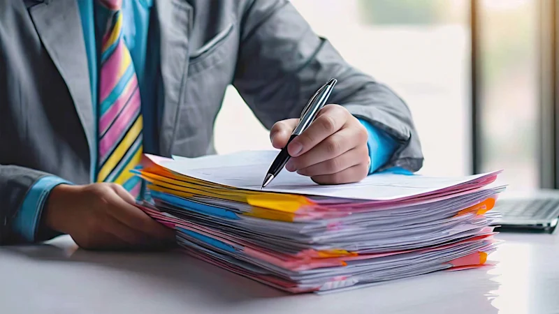 Person writing on a stack of business documents