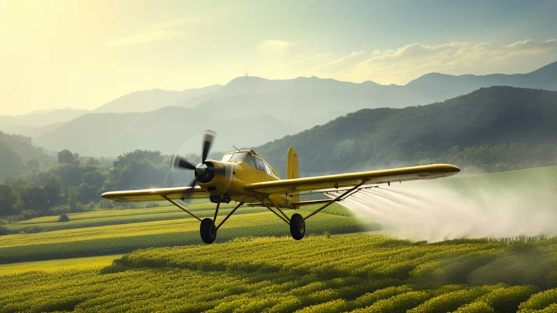 Small plane spraying pesticide on a wheat field