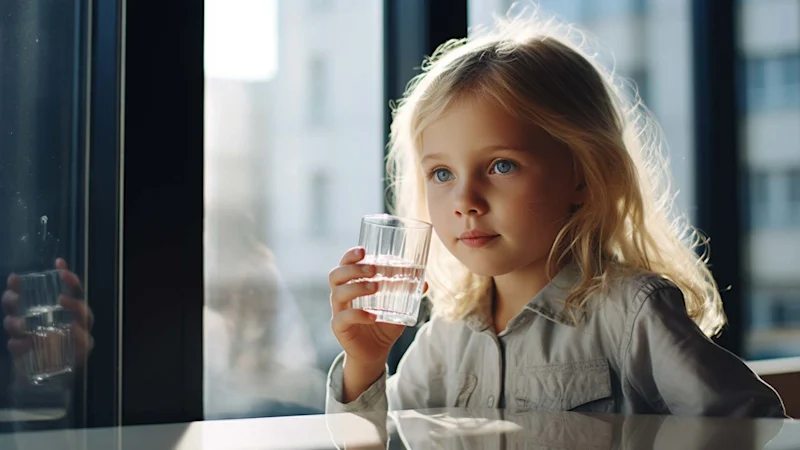 Little girl drinking a glass of water