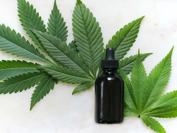 CBD bottle and hemp leaf