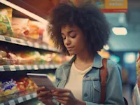 Woman reading the back of a food label in a shop
