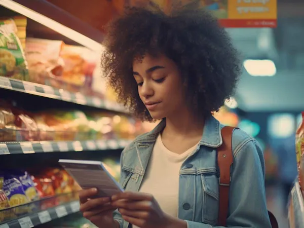 Woman reading the back of a food label in a shop