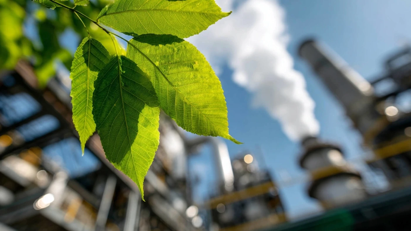 Industrial emissions with green leaf