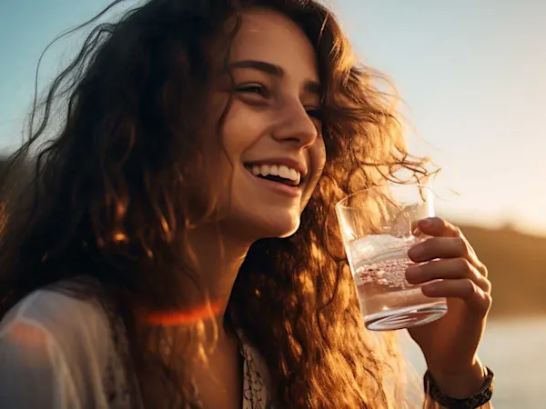 Happy woman drinking a glass of water