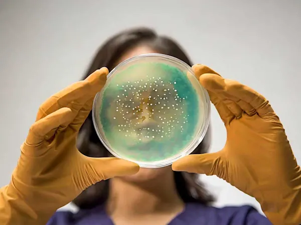 Woman holding up a petri dish and examining it