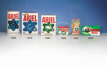 Evolution der Ariel Waschmittelverpackungen von 1968 bis 2025.
