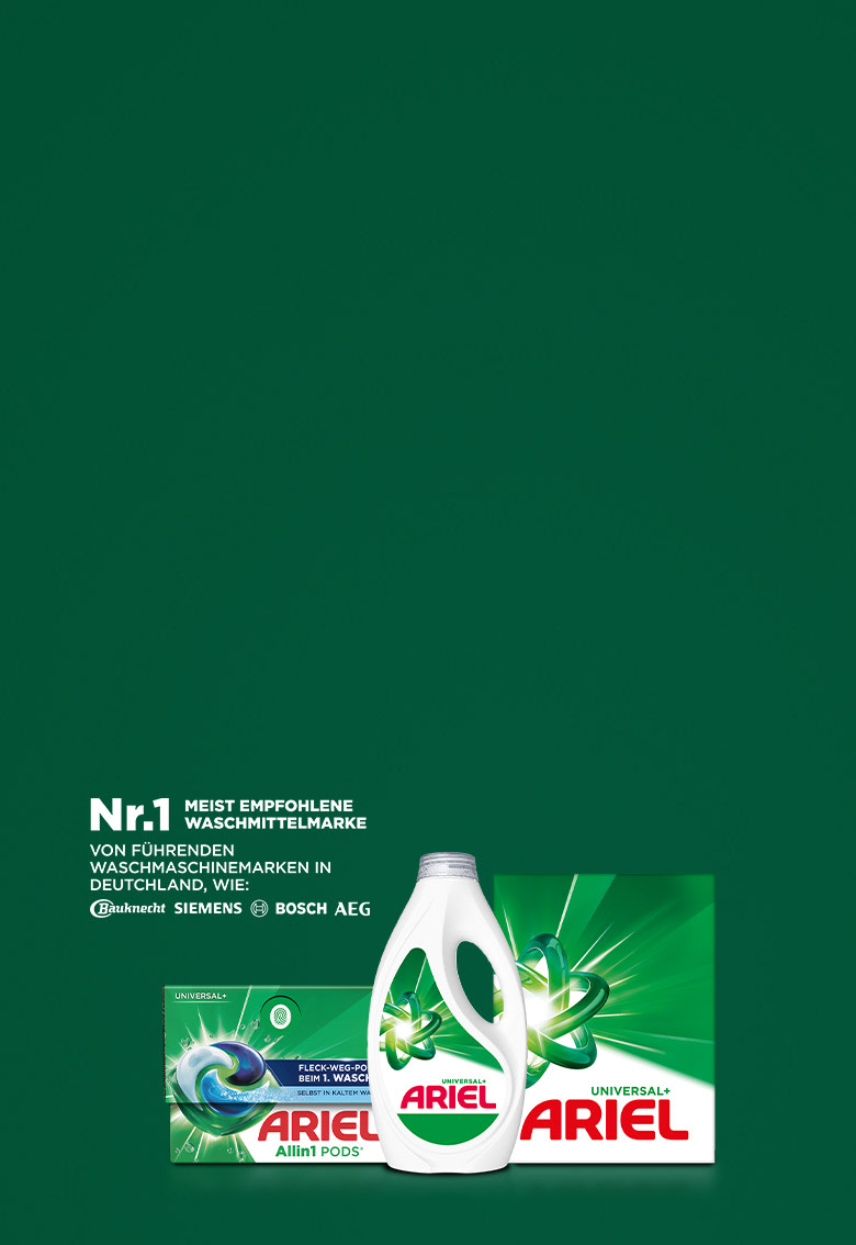 Nr.1 meist empfohlene Waschmittelmarke von führenden Waschmaschinemarken in Deutchland, wie: Bauknecht Siemens Bosch AEG. Finde das richtige Ariel Waschmittel für dich