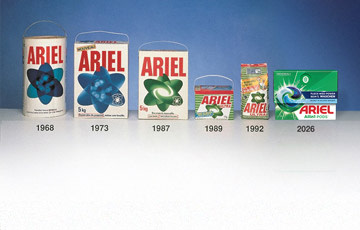 Evolution der Ariel Waschmittelverpackungen von 1968 bis 2025.