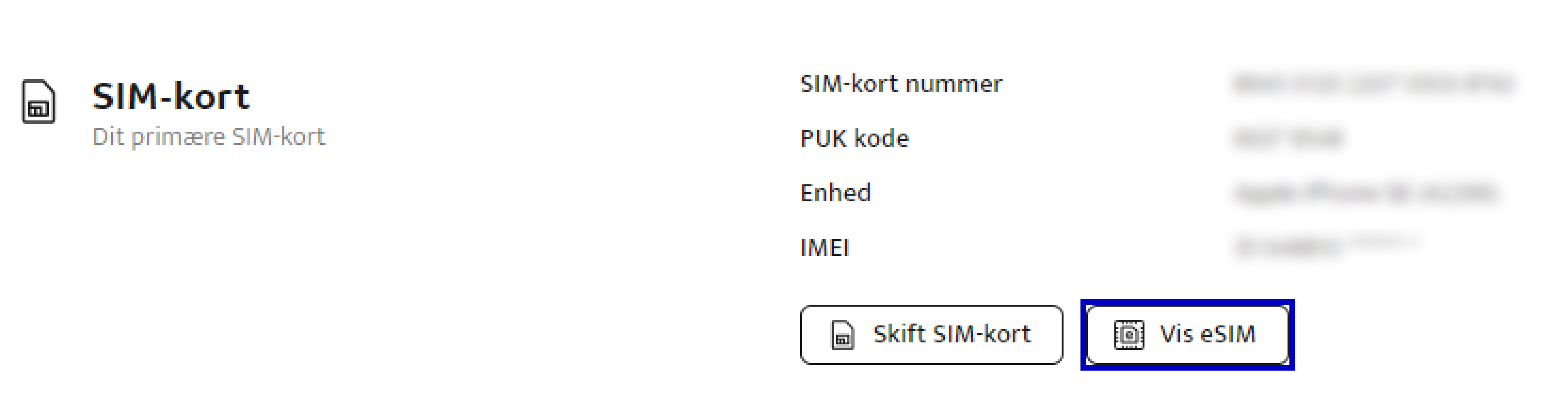 Billedet viser hvor man kan se sit esim i selvbetjening