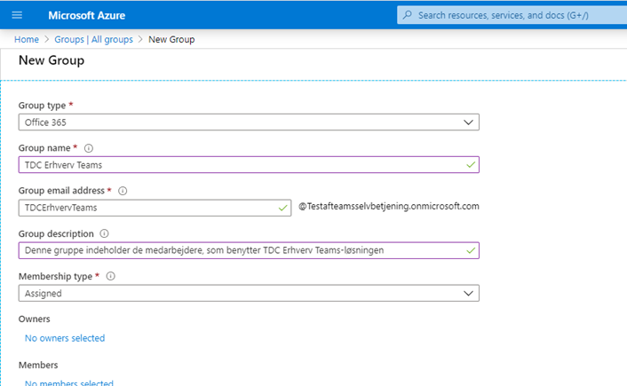 Viser hvad man skal udfylde for Membership type Microsoft Azure