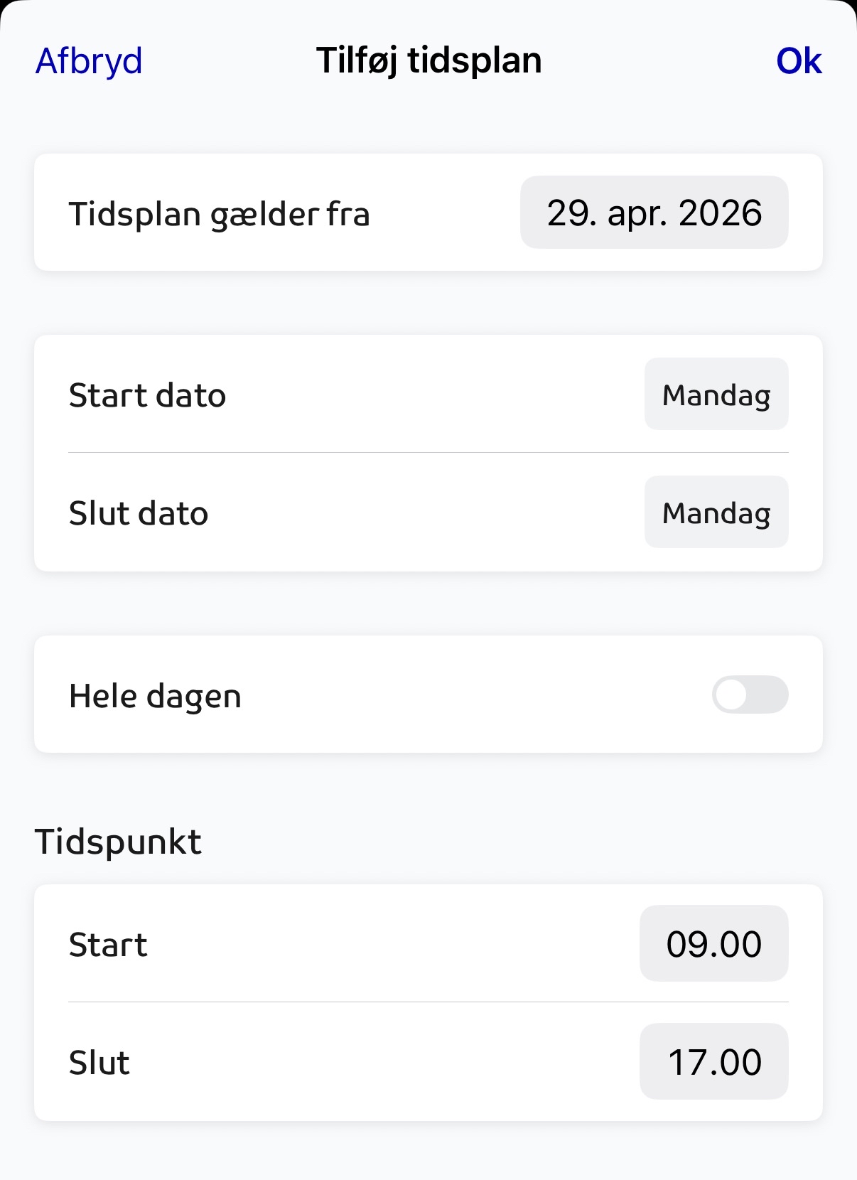 Assist appen: Oprettelse af tidsplan min status 