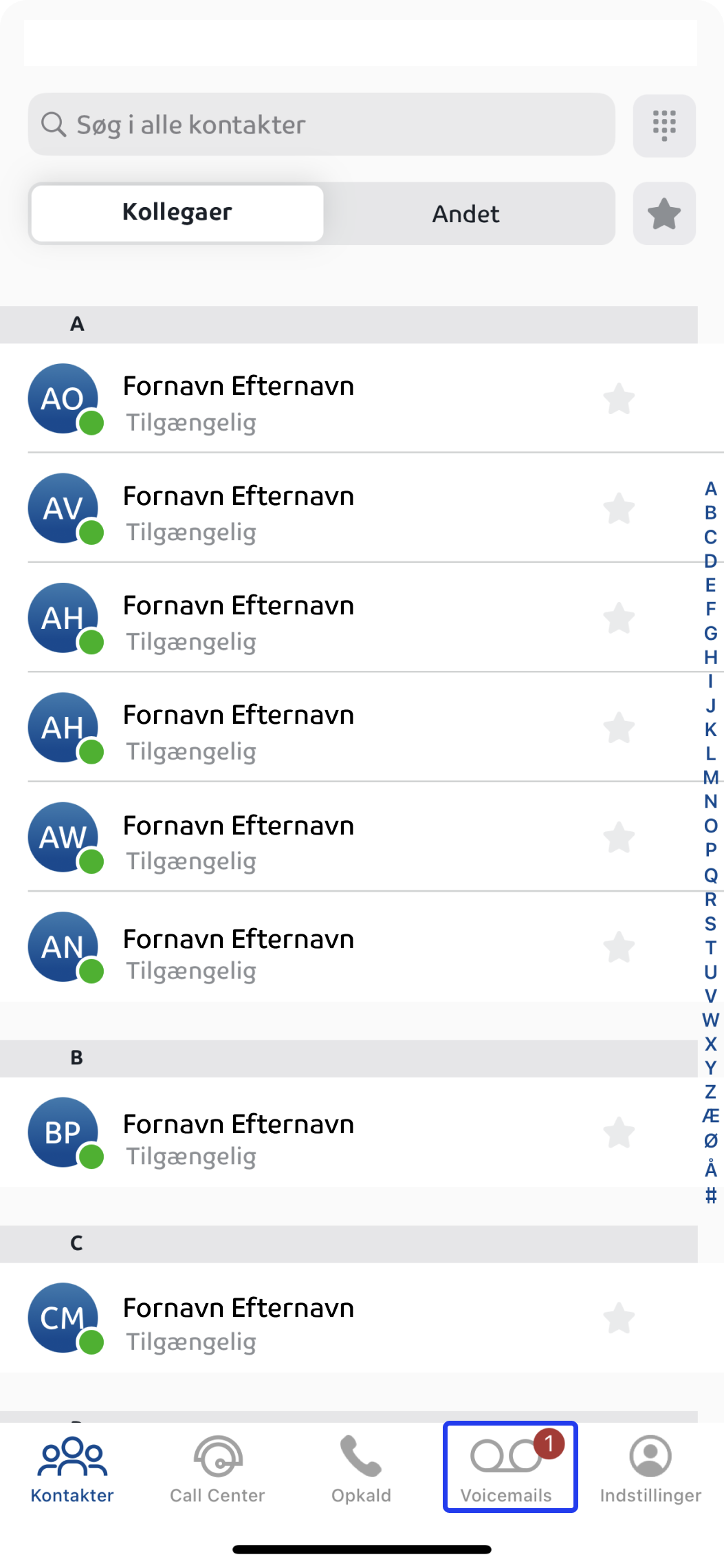 Aflyt voicemail i Assist app - liste af kolleger