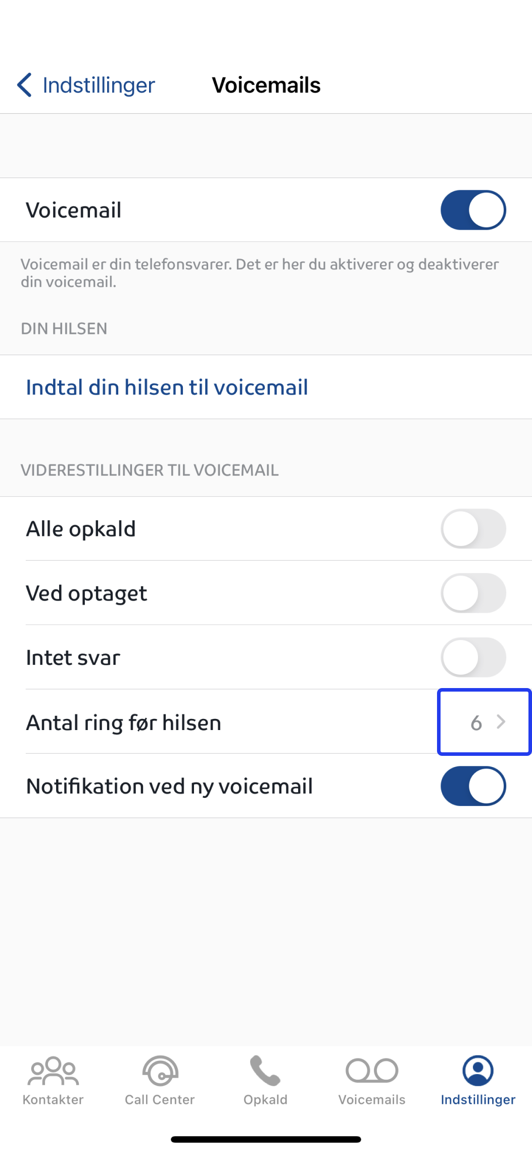Antal ring inden voicemail i Assist app