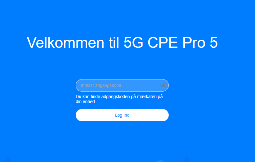 Velkomst skærm til log ind på 5G CPE Pro 5 router - Mobilt bredbånd