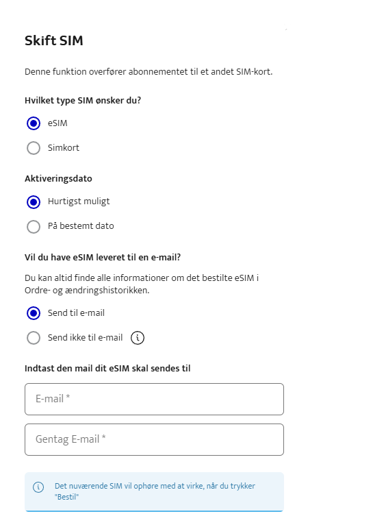 Bestilling af eSim på SE 