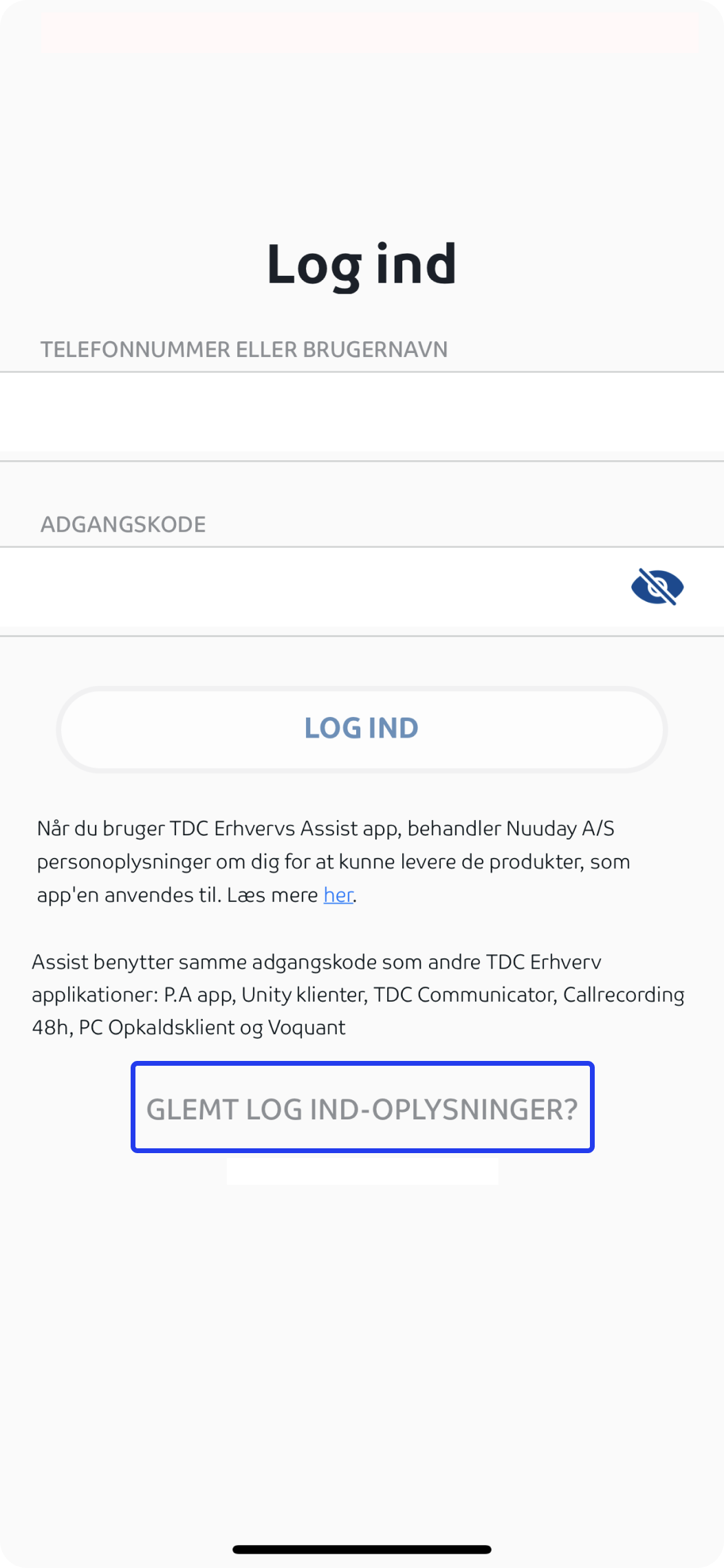 Glemt log ind oplysninger - Assist app