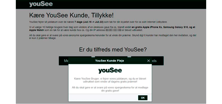 Billedet viser et eksempel på en fup besked fra Yousee