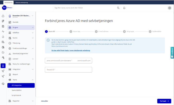 Viser hvor man skal indtaste sin domæne mail fra Azure AD med Selvbetjening