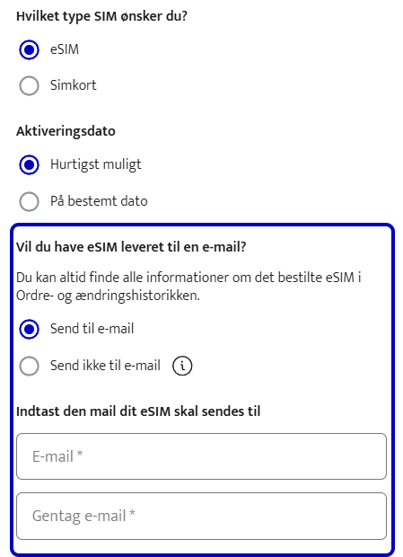 eSIM oplysninger på email