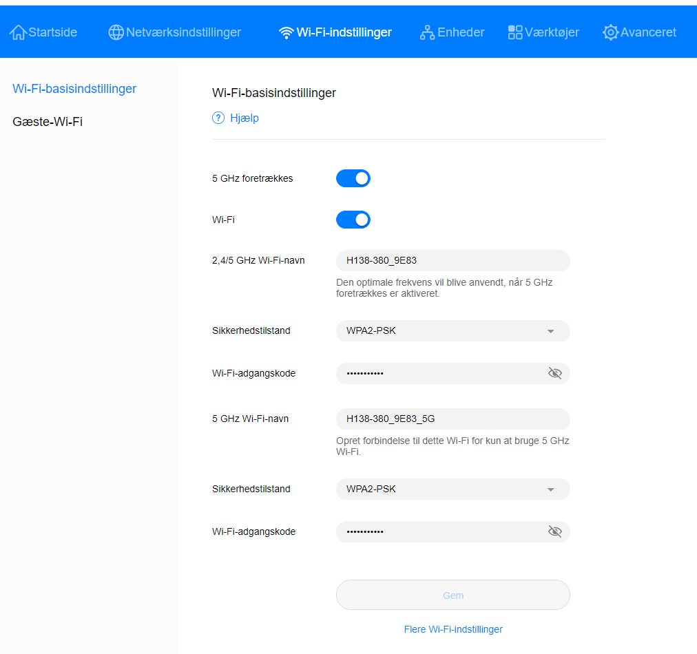 Billedet viser CPE Wi-Fi-indstillinger og Wi-Fi-basisindstillinger