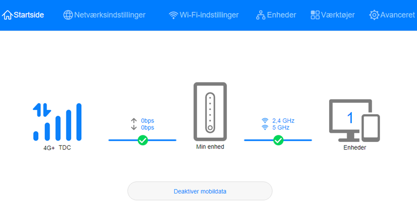 Skærm der vises efter log ind på 5G CPE Pro router