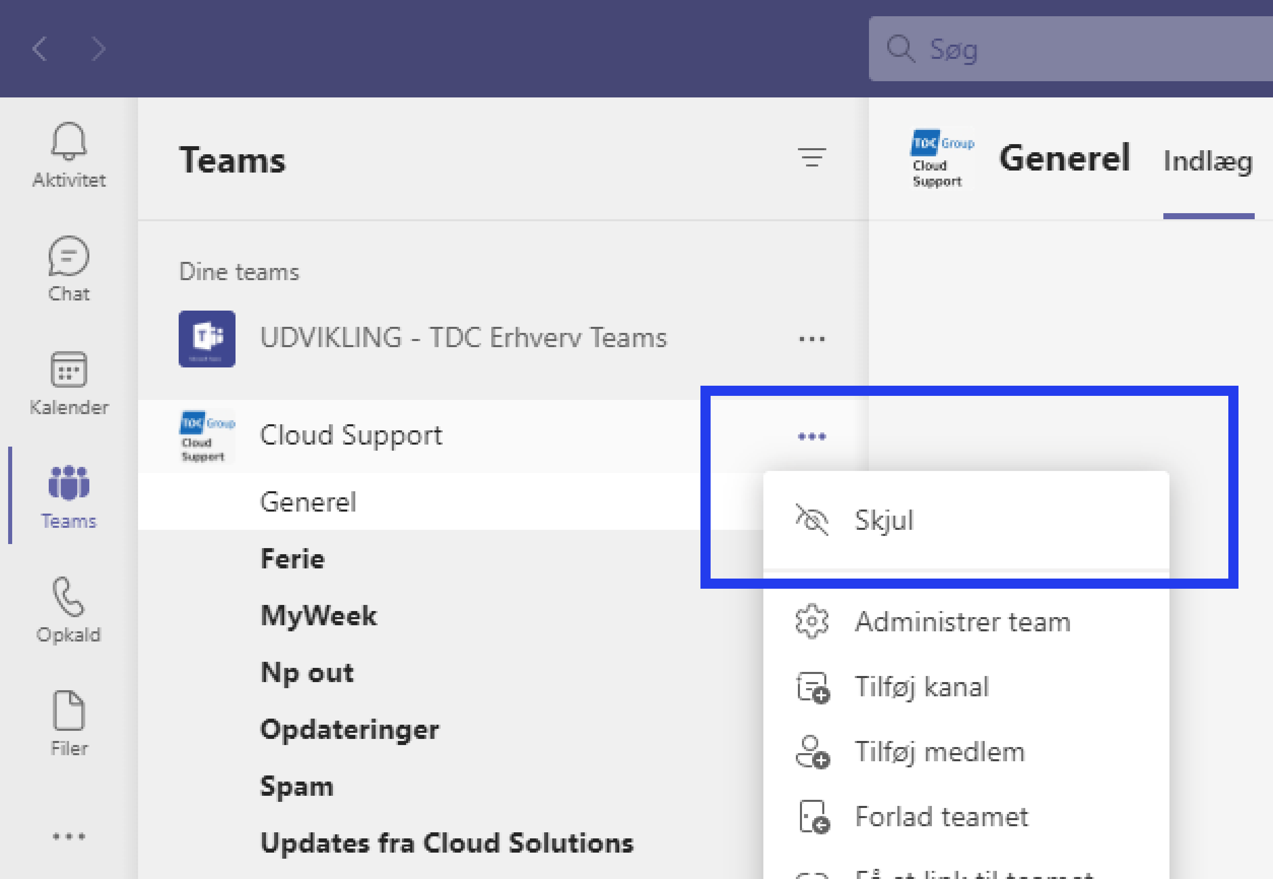Skjul teams eller chats i Teams