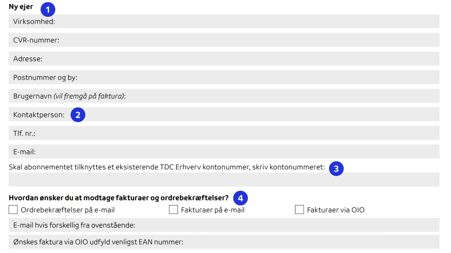 Eksempel på anden del af blanketten til ejerskifte af mobilnummer