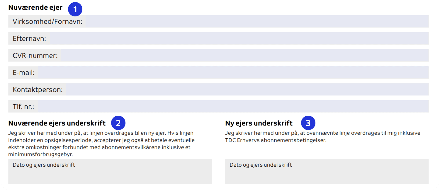 Billedet viser den sidste del i ejerskifteblanketten til fastnetnumre