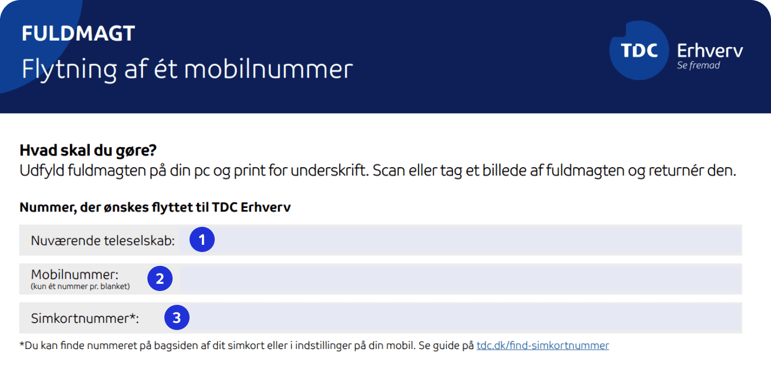 Eksempel på første del af blanketten til nummerflytning af mobilnummer