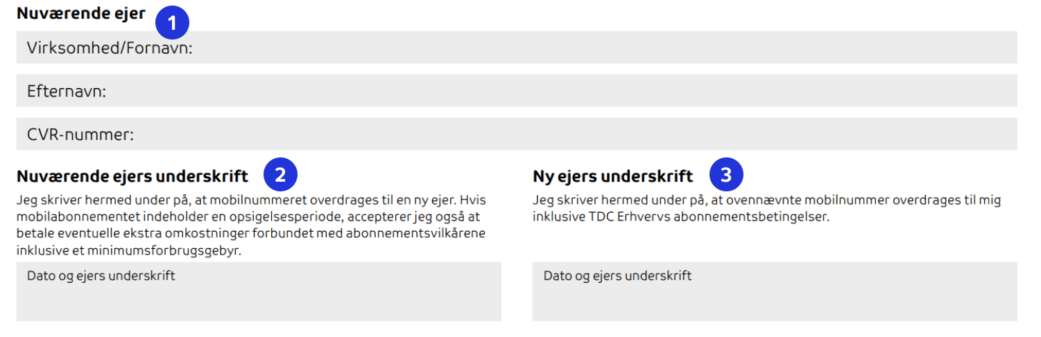 Eksempel på sidste del af blanketten til ejerskifte af mobilnummer