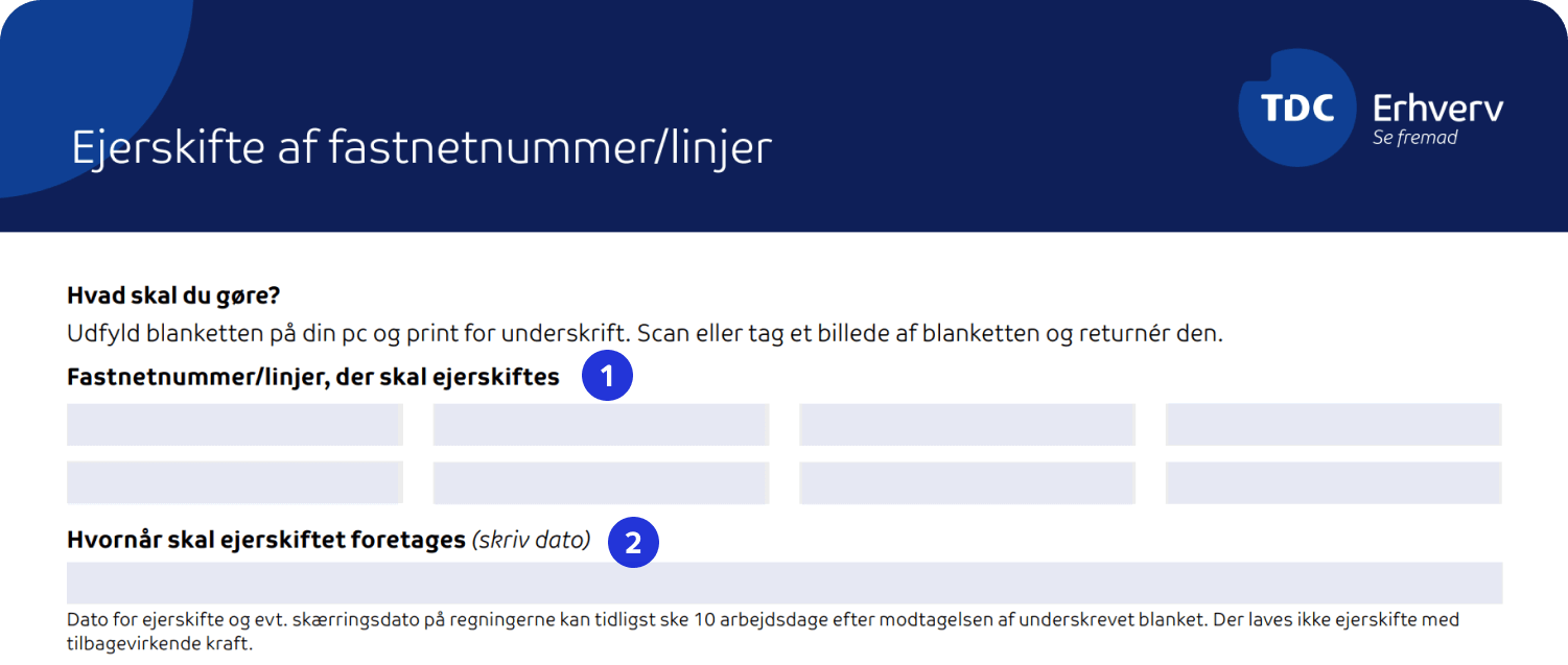 Billedet viser første del af blanketten til ejerskifte til fastnetnumre