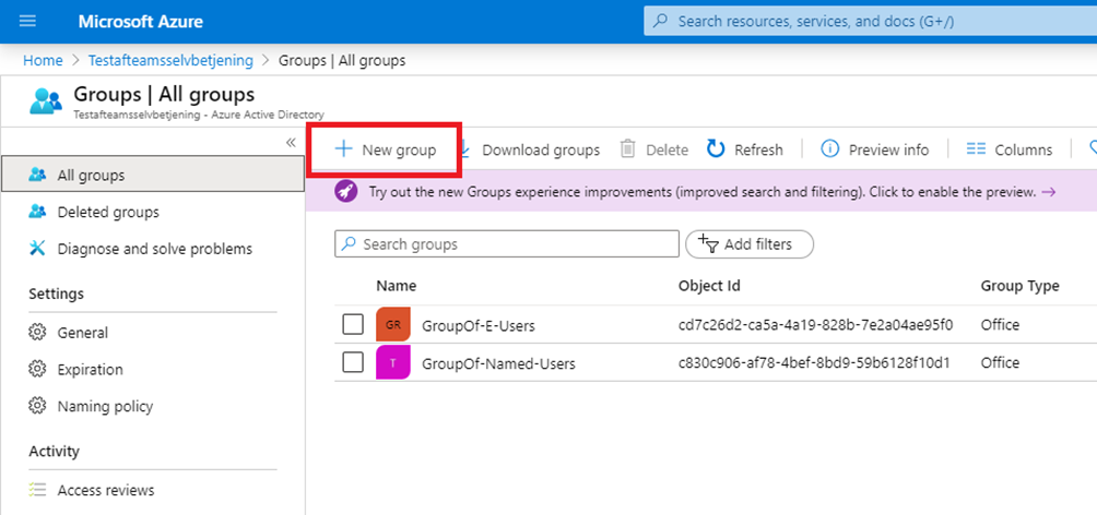 Viser inde i Azure Active Directory at man skal væge New group for at oprette en ny gruppe