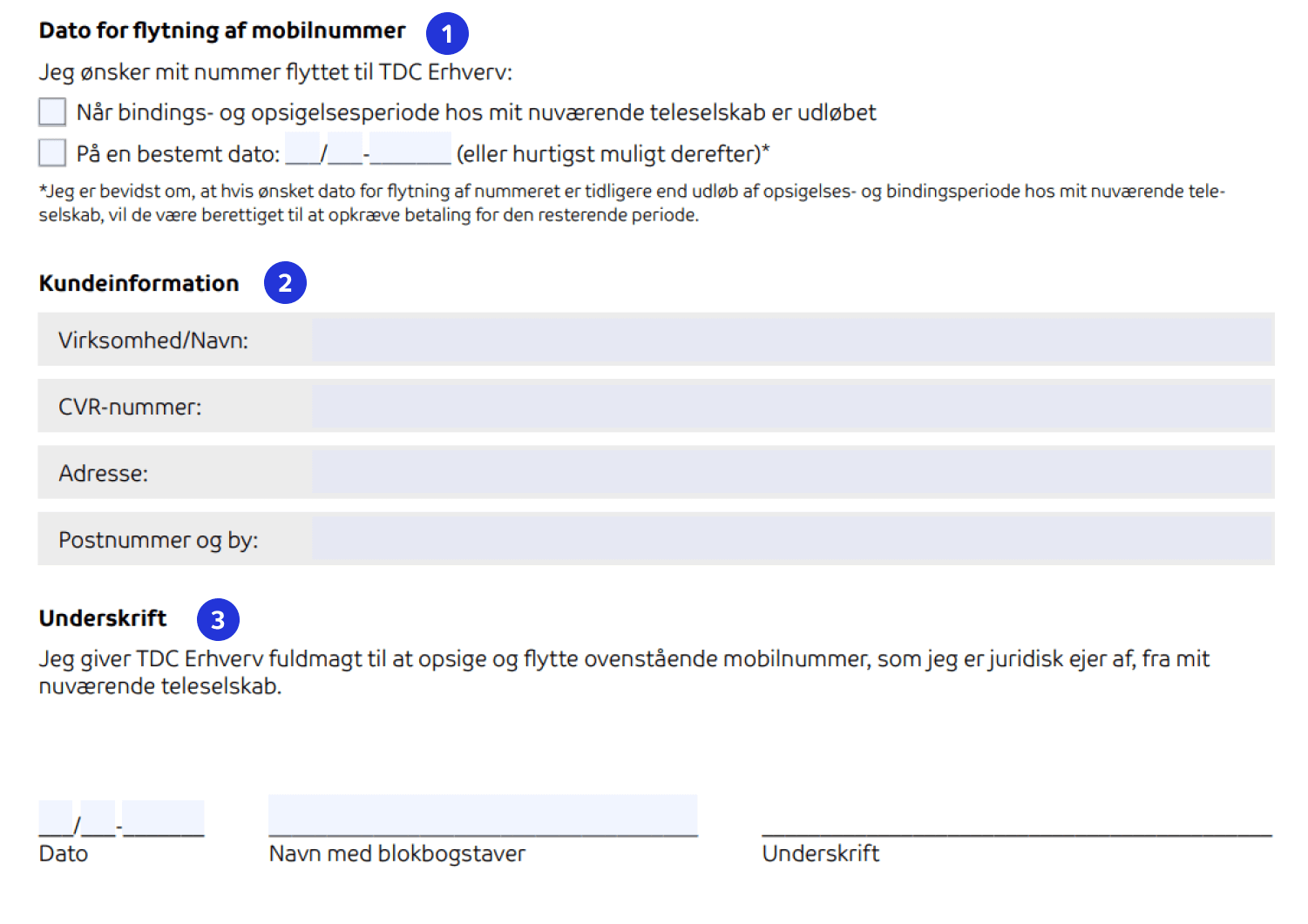 Eksempel på anden del af blanketten til nummerflytning af mobilnummer