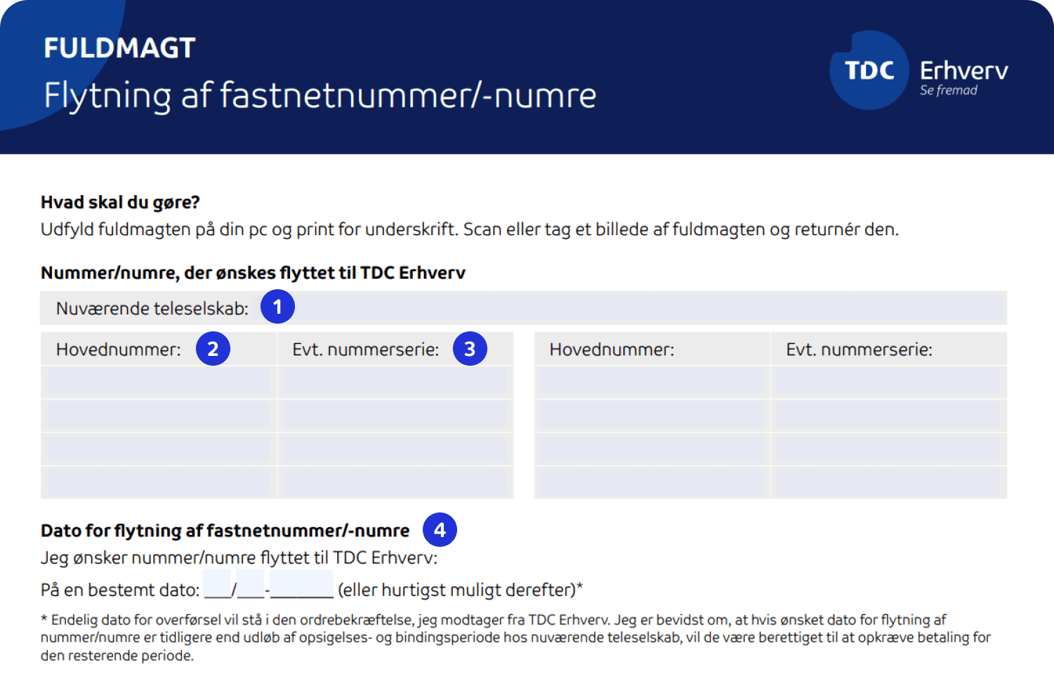 Eksempel på første del af blanketten til nummerflytning af fastnetnummer