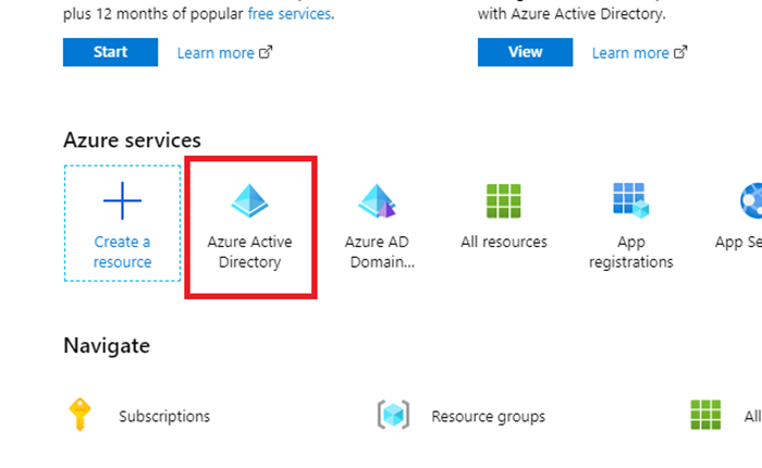 Viser Azure services hvor man blandt andet kan finde Azure Active Directory