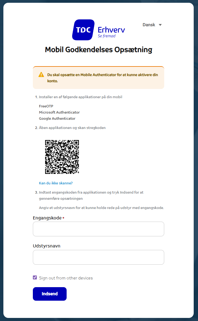 Mobil godkendelses opsætning Cyber Alert