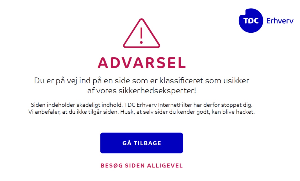 Sådan ser advarslen fra internetfilter ud