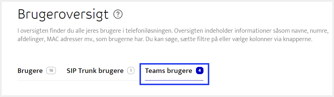 Menu-baren Teams brugere