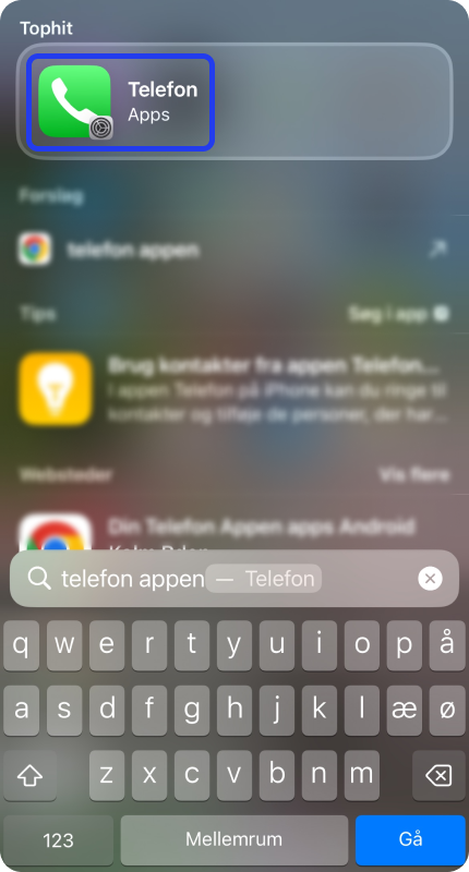 Gå til telefon app